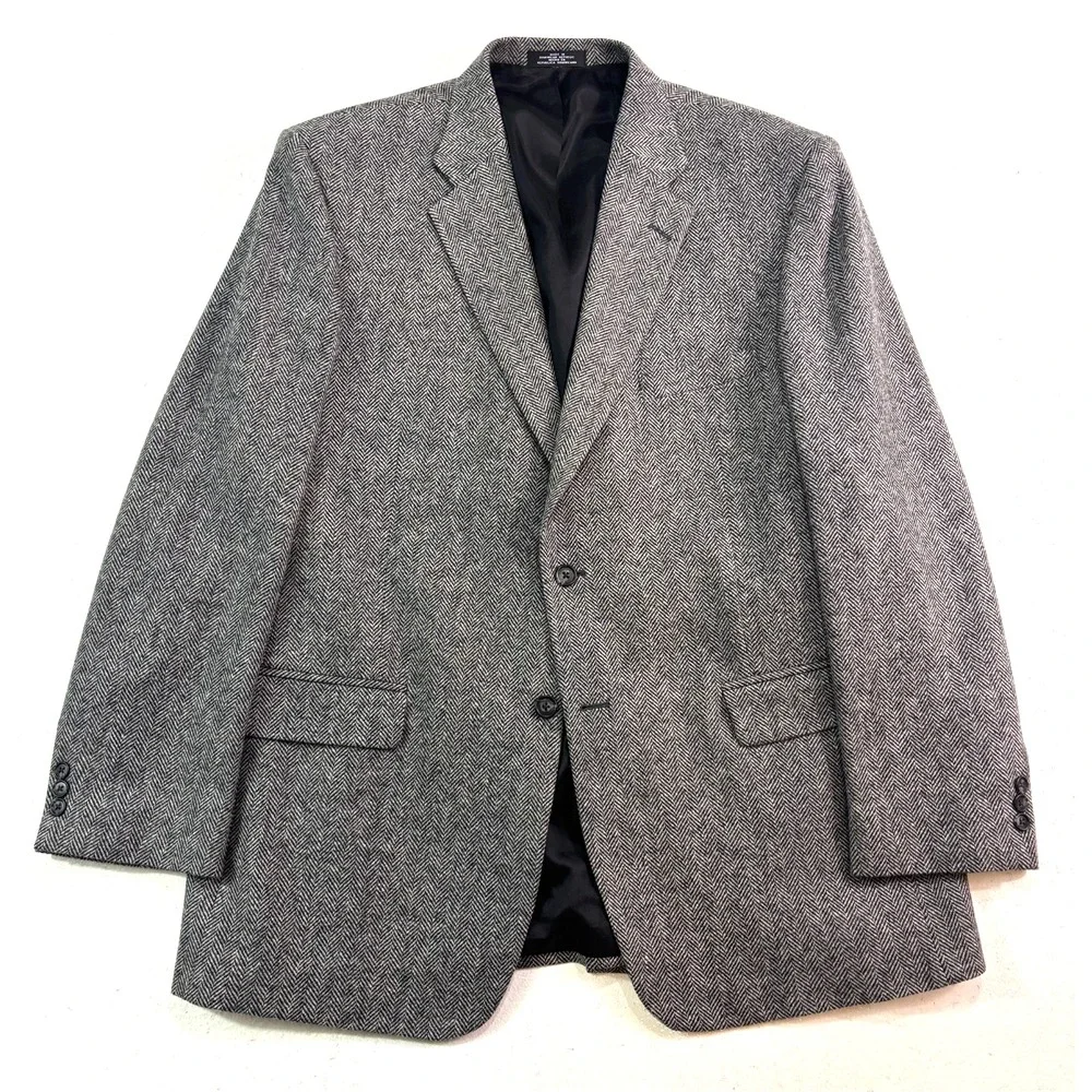 vtg Herringbone Tweed black white 46L lambswool blazer jacket sport suit‎ coat